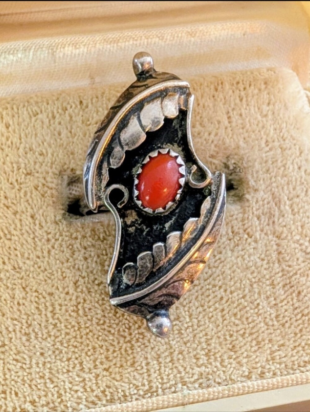 Old Navajo Sawtooth Set Coral Sterling Silver Ring
